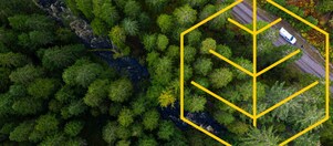 Vista aérea de un río y un camión blanco en una carretera en un bosque de pinos con un resumen del gráfico de Respeto por la naturaleza