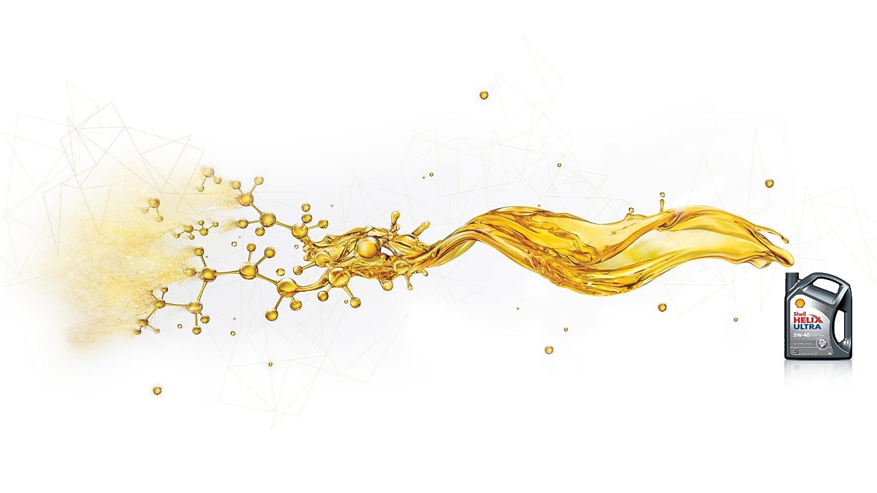 Envase de Shell Helix Ultra desde cuya apertura superior fluye aceite