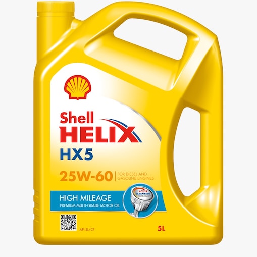 Foto del envase de Shell Helix HX5 Alto kilometraje 25W-60